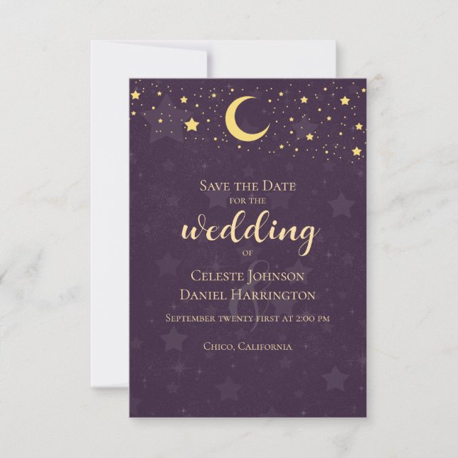 Celestial Wedding Deep Purple Stars Moon Save The Date (Front)