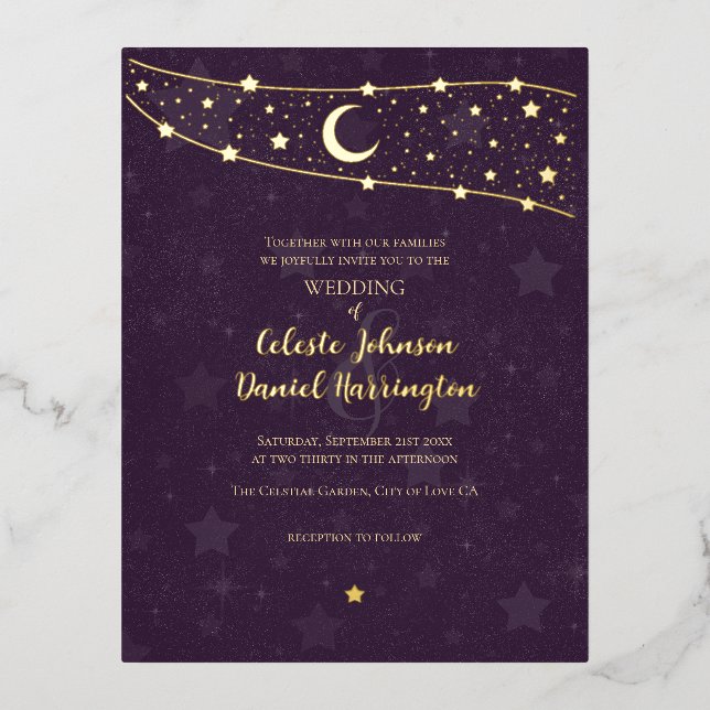 Celestial Wedding Fancy Gold Deep Purple Foil Invitation Postcard (Front)