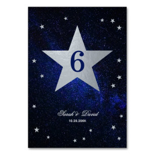 Celestial Wedding Faux Silver Foil Star Blue Sky Table Number