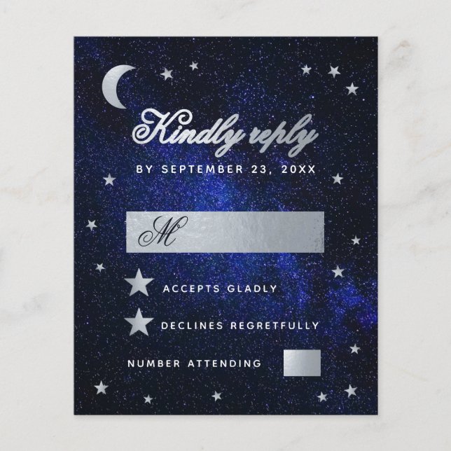 Celestial Wedding Faux Silver Stars Budget RSVP (Front)