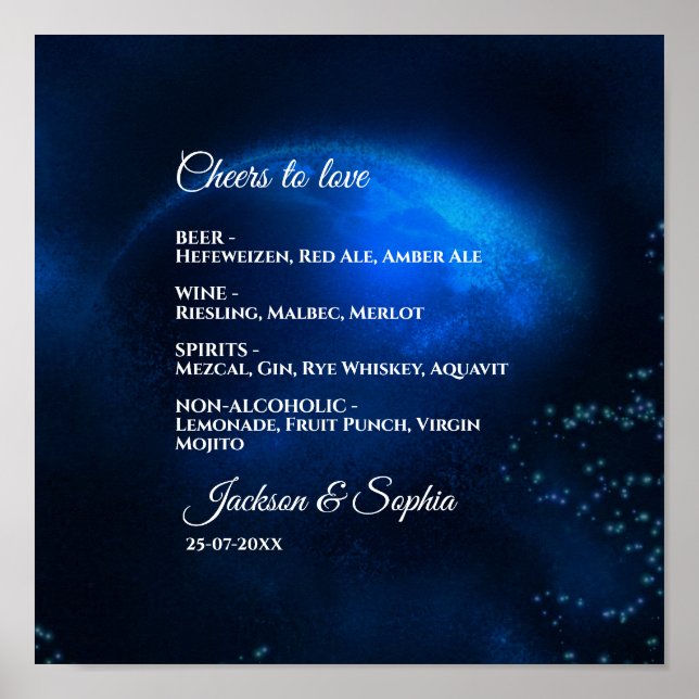 Celestial wedding Full Blue Moon & Stars menu Poster (Front)