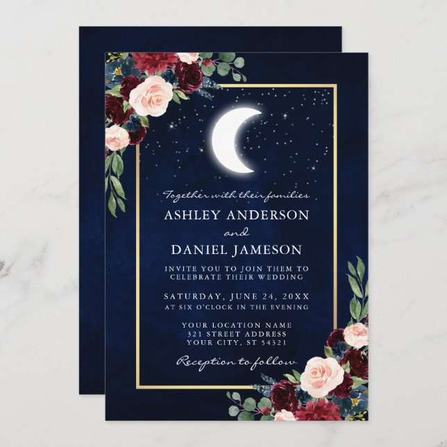 Celestial Wedding Gold Photo Moon Stars Invitation (Front/Back)