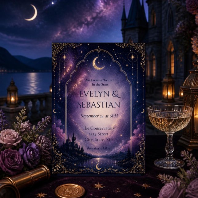 Celestial Wedding Invitation | Moonlit Castle (Moonlit castle celestial wedding invitation with purple galaxy sky and elegant gold Art Deco details)