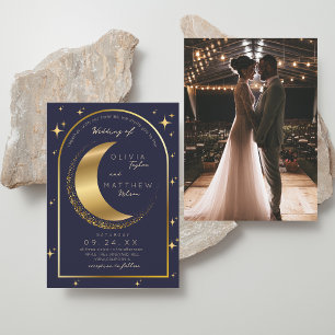 Celestial Wedding Midnight Stars Moon Gold Invitation