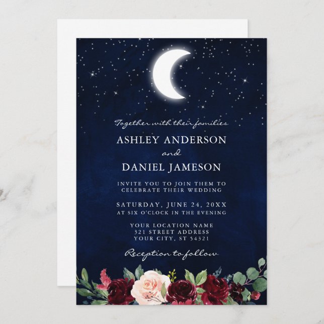 Celestial Wedding Moon Stars Floral Photo Back Invitation (Front/Back)