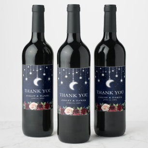 Celestial Wedding Moon Stars Lights Floral Wine Label