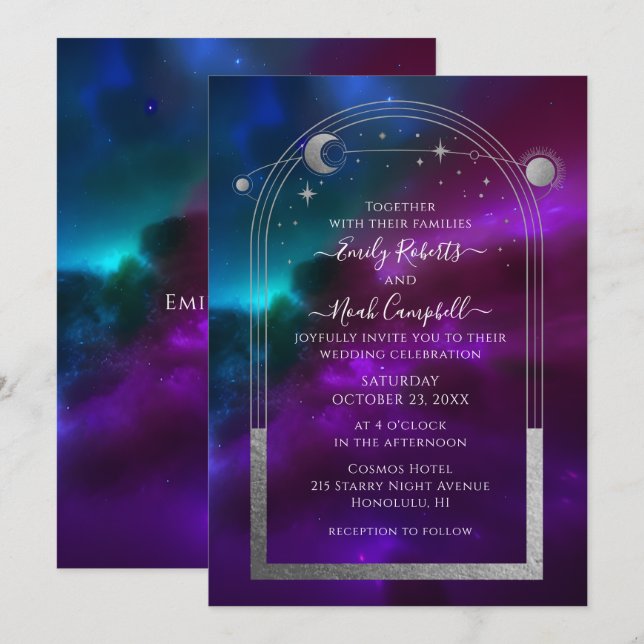 Celestial Wedding Purple Teal Sun Moon Stars Invitation (Front/Back)