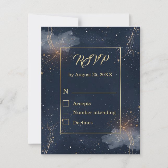 Celestial Wedding RSVP Card | Navy & Gold Stars (Front)