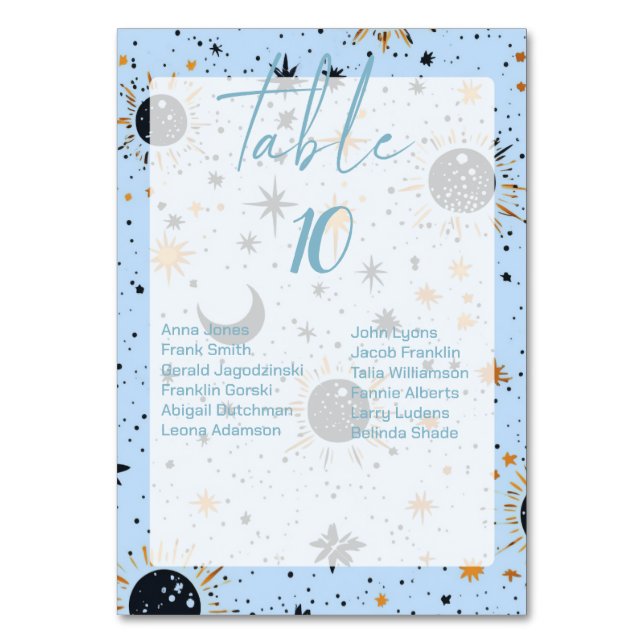 Celestial Wedding Table Numbers With Guest Names (Front)