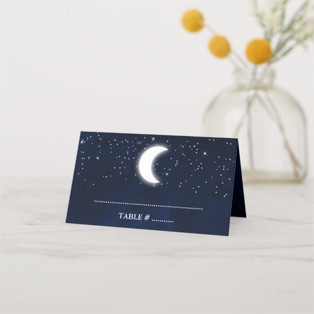 Celestial Wedding Watercolor Blue Sky Stars Moon Place Card (Front)