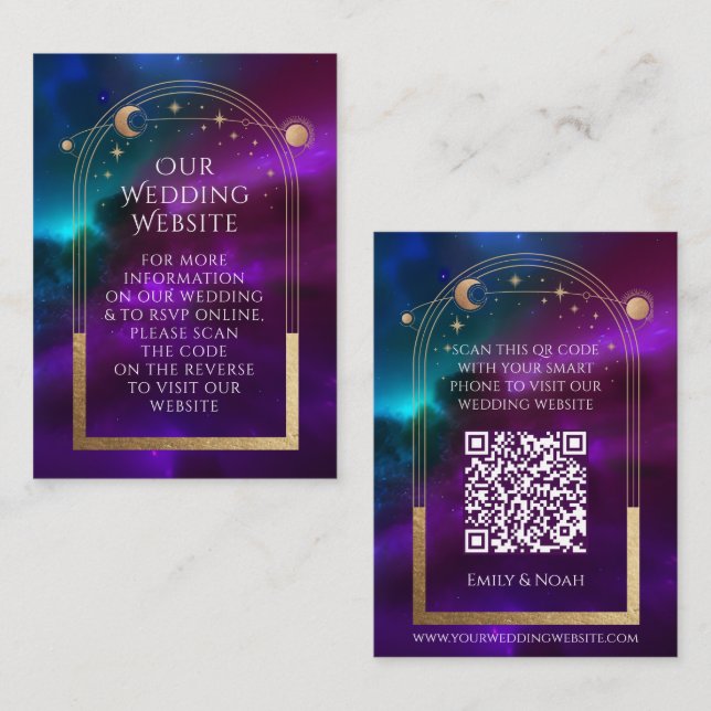 Celestial Wedding Website RSVP QR Code Purple Teal Enclosure Card (Front/Back)