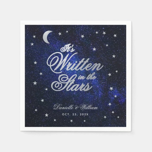 Celestial Wedding Written in The Stars & Moon Blue Napkin (Front)