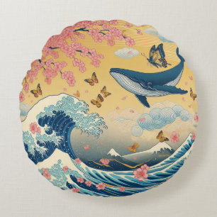 Celestial Whale Among Cherry Trees – AI Art Round Cushion