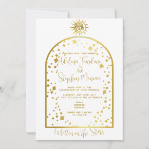 Celestial White and Gold Stars Moon & Sun Wedding Invitation