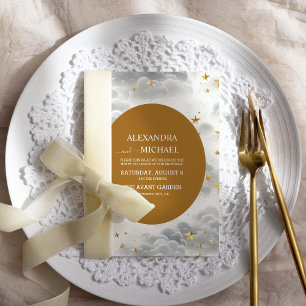 Celestial White and Gold Stars Moon & Sun Wedding Invitation