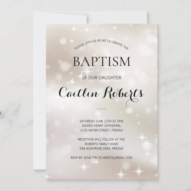 Celestial White Gold Stars Baptism Christening Invitation (Front)