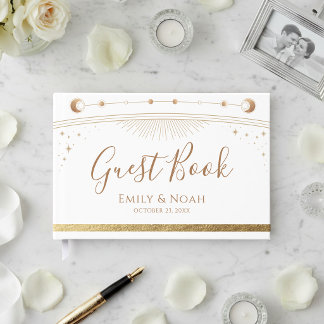 Celestial White Gold Sun Moon Stars Wedding  Guest Book