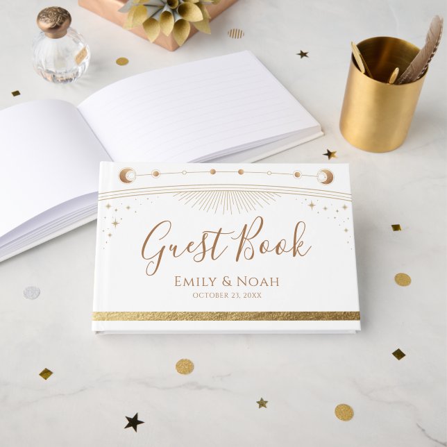 Celestial White Gold Sun Moon Stars Wedding  Guest Book (Front Open)