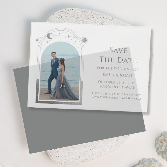 Celestial White Silver Photo Wedding Save The Date Vellum Invitations (Creator Uploaded)