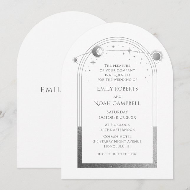 Celestial White Silver Sun Moon Stars Invitation (Front/Back)