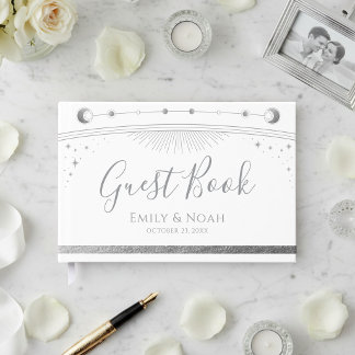 Celestial White Silver Sun Moon Stars Wedding  Guest Book