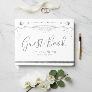Celestial White Silver Sun Moon Stars Wedding  Guest Book