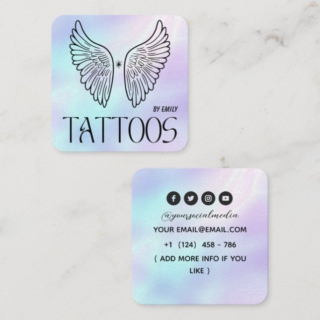 Celestial Wings Tattoo Salon Holographic Square Business Card (Front/Back)