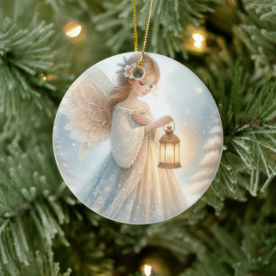 Celestial Winter Angel Lantern of Comfort Ceramic Ornament