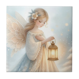Celestial Winter Angel Lantern of Comfort Ceramic Tile