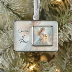 Celestial Winter Angel Lantern of Comfort Silver Plated Framed Ornament