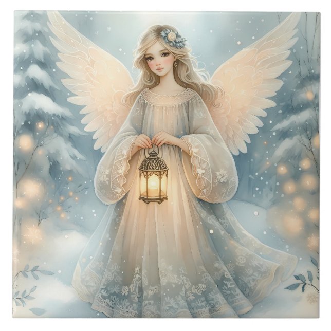 Celestial Winter Angel Lantern of Grace Ceramic Tile (Front)