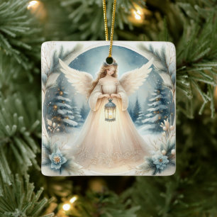 Celestial Winter Angel Lantern of Hope Ceramic Ornament