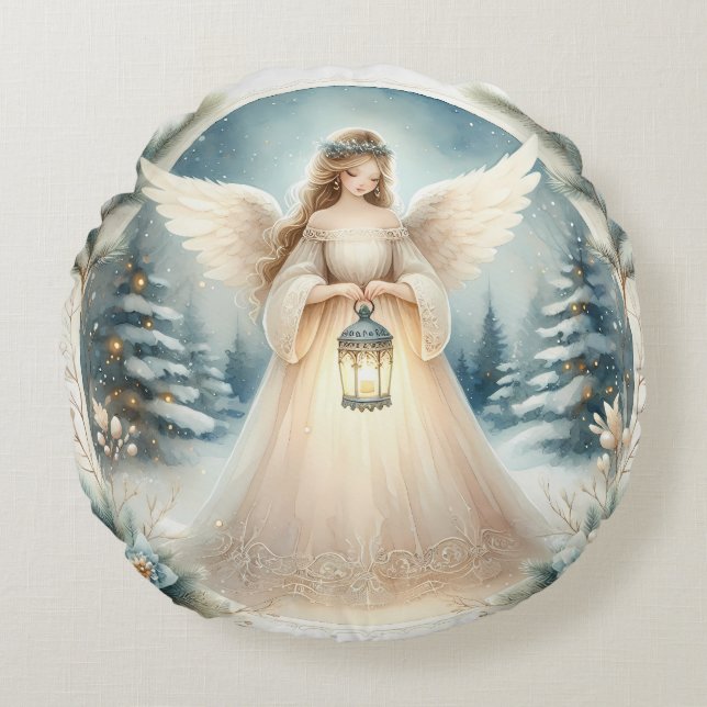 Celestial Winter Angel Lantern of Hope Round Cushion (Front)
