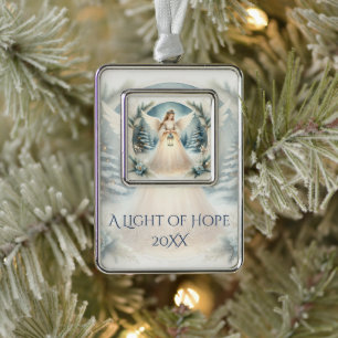 Celestial Winter Angel Lantern of Hope Silver Plated Framed Ornament