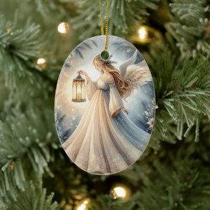 Celestial Winter Angel Lantern of Peace Ceramic Ornament
