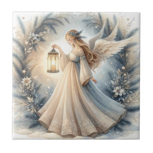 Celestial Winter Angel Lantern of Peace Ceramic Tile