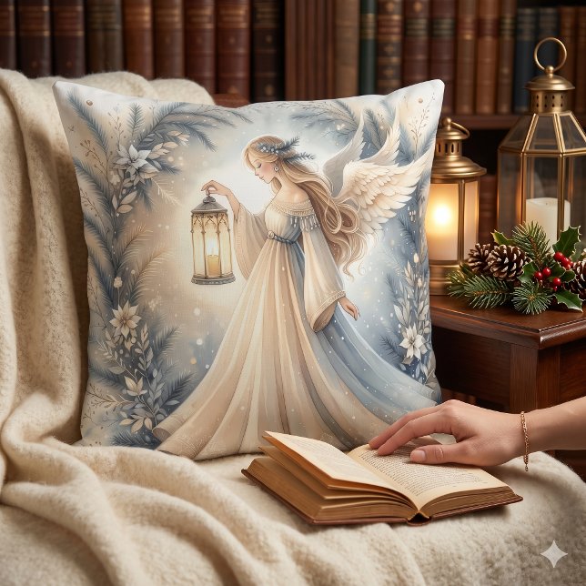 Celestial Winter Angel Lantern of Peace Cushion (Celestial Winter Angel Lantern of Peace Throw Pillow)