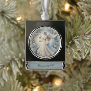 Celestial Winter Angel Lantern of Peace Silver Plated Banner Ornament