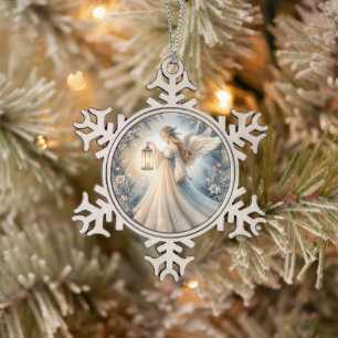 Celestial Winter Angel Lantern of Peace Snowflake Pewter Christmas Ornament