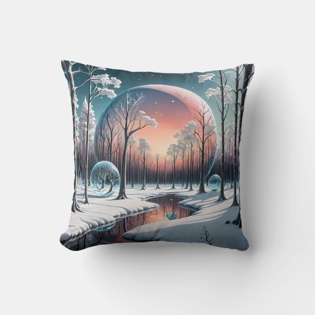 Celestial Winter Dream: Surreal Snowy Forest Cushion (Front)