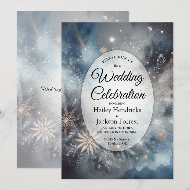 Celestial Winter Midnight Sparkle Wedding Invitation (Front/Back)