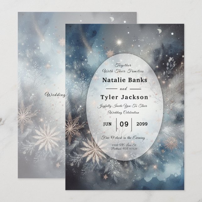 Celestial Winter Midnight Sparkle Wedding Invitation (Front/Back)