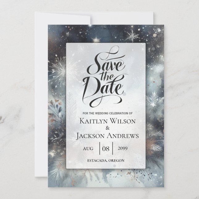Celestial Winter Midnight Sparkle Wedding Save The Date (Front)