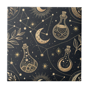 Celestial Witchcraft - Gold Moon, Potion Bottles Ceramic Tile
