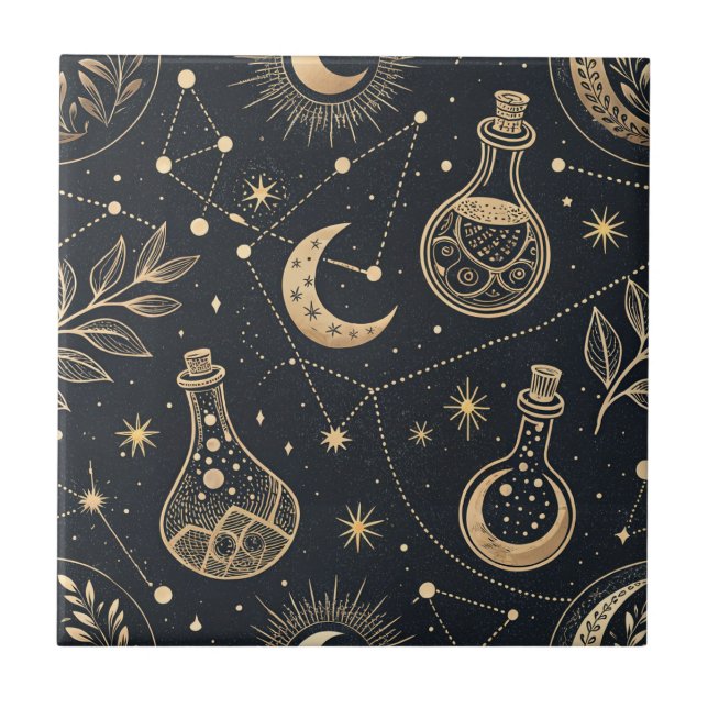 Celestial Witchcraft - Gold Moon, Potion Bottles Ceramic Tile (Front)