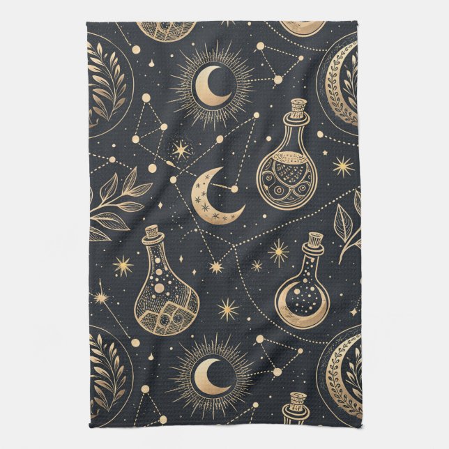 Celestial Witchcraft - Gold Moon, Potion Bottles Tea Towel (Vertical)