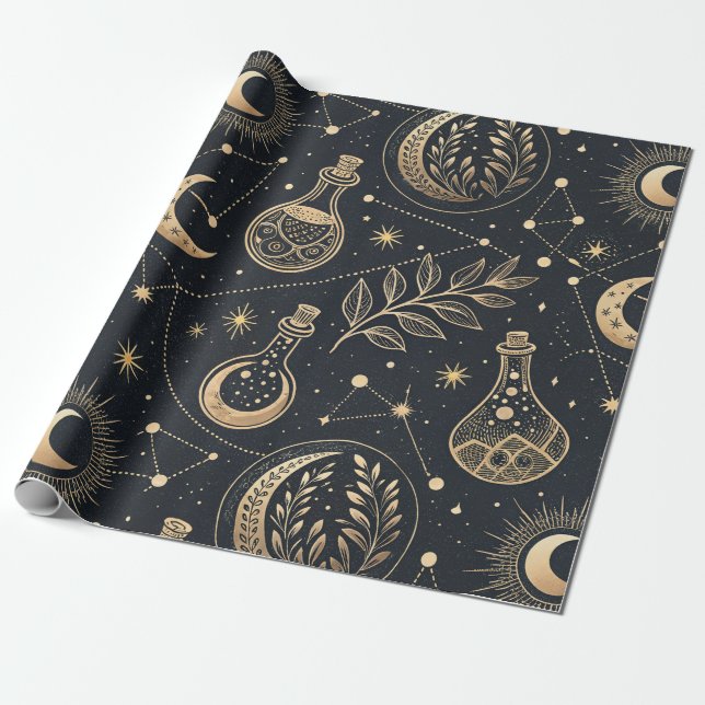 Celestial Witchcraft - Gold Moon, Potion Bottles Wrapping Paper (Unrolled)