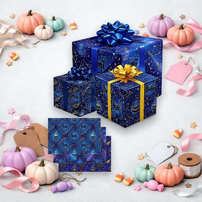 Celestial Witchy Black Cat Halloween Wrapping Paper Sheet (Creator Uploaded)