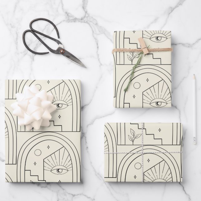 Celestial Witchy Eye Landscape Arch Line in Black  Wrapping Paper Sheet (Front)