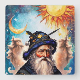 Celestial Wizard Sun and Moon Square Wall Clock